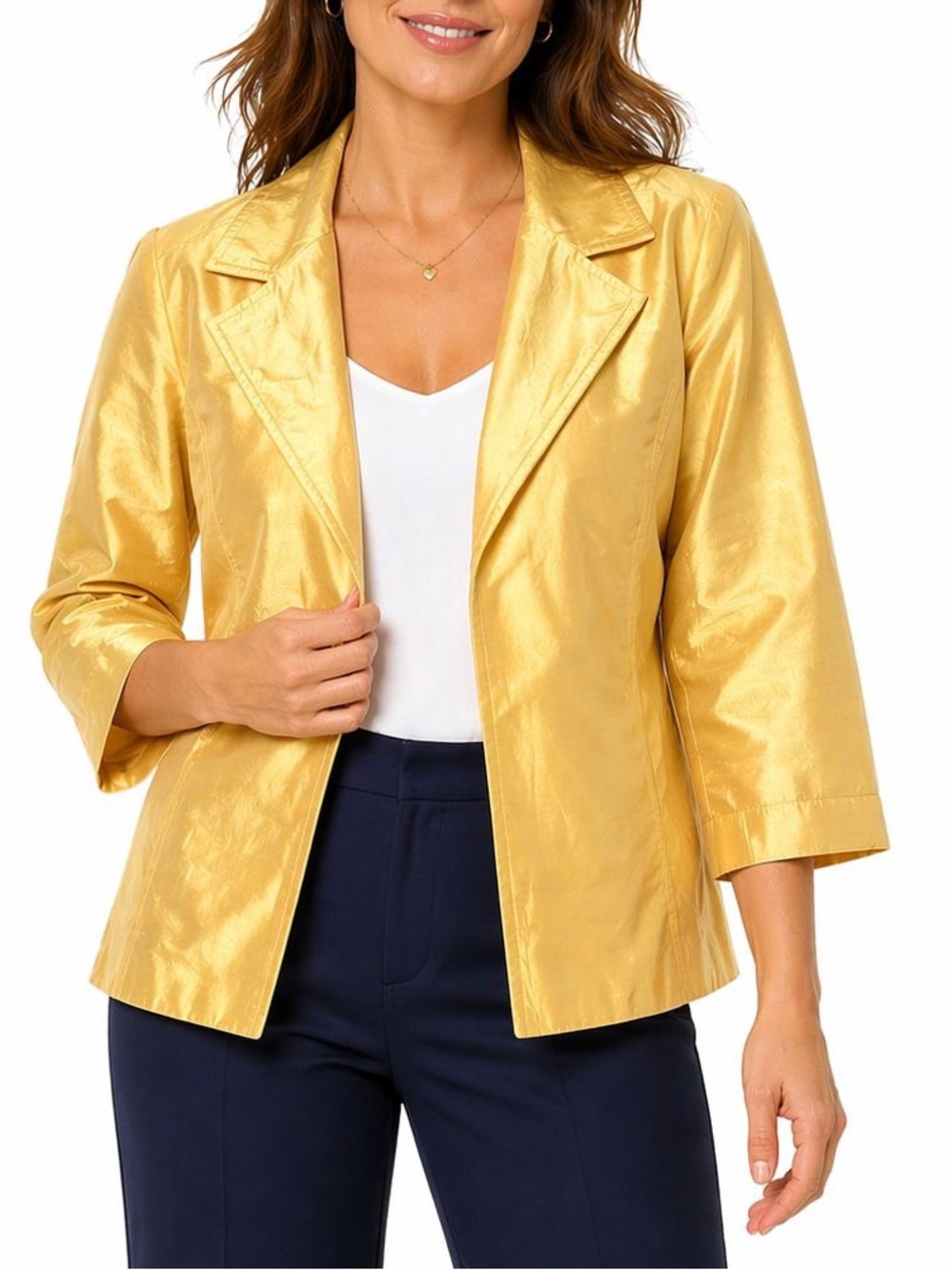 Susan Graver Womens L Yellow Taffeta Jacket 3/4 Sleeve Dressy Brunch Luxe